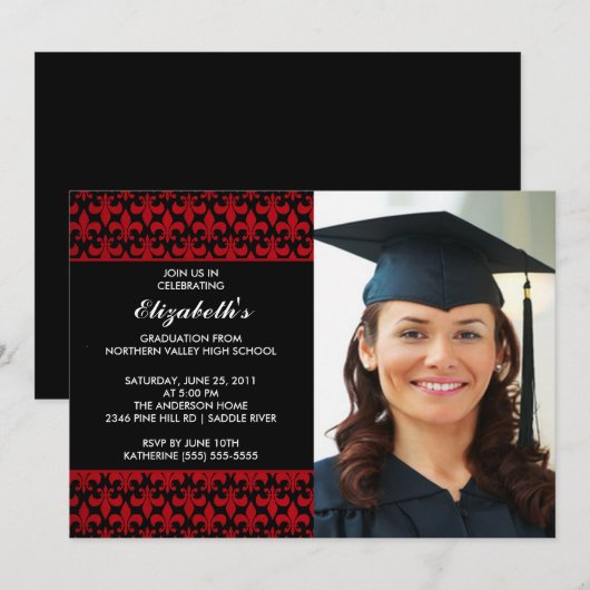 Red Fleur-de-lis Afstuderen Uitnodiging met Foto (Voorkant / Achterkant)