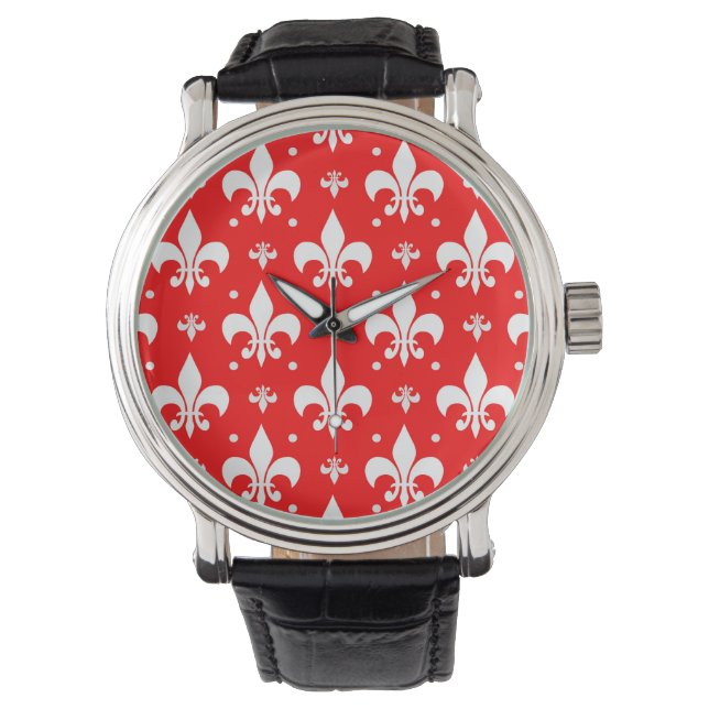 Red Fleur-de-lis Pattern Design Horloge (Voorkant)