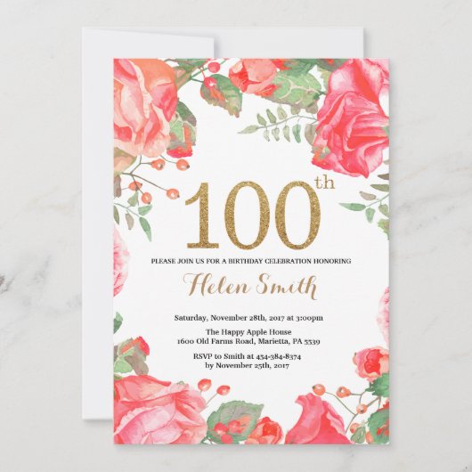 Red Floral 100th Birthday Invitation Gold Glitter Kaart (Voorkant)