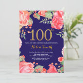 Red Floral 100th Birthday Invitation Gold Glitter Kaart (Staand voorkant)