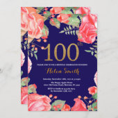 Red Floral 100th Birthday Invitation Gold Glitter Kaart (Voorkant / Achterkant)