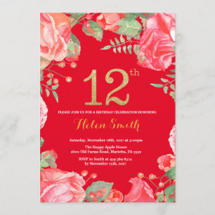 Red Floral 12th Birthday Gold Glitter en Red Kaart