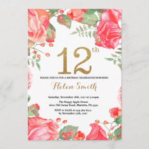 Red Floral 12th Birthday Invitation Gold Glitter Kaart