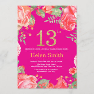 Red Floral 13th Birthday Gold Glitter en Hot Pink Kaart