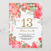Red Floral 13th Birthday Invitation Gold Glitter Kaart (Voorkant / Achterkant)