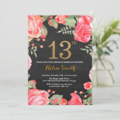 Red Floral 13th Birthday Invitation Gold Glitter Kaart (Staand voorkant)