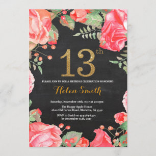 Red Floral 13th Birthday Invitation Gold Glitter Kaart