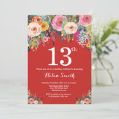 Red Floral 13th Birthday Invitation Kaart (Staand voorkant)