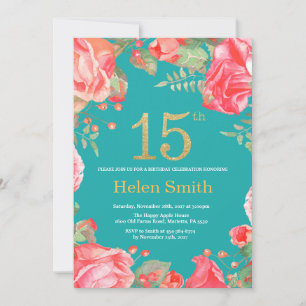 Red Floral 15th Birthday Gold Glitter en Blauwgroe Kaart