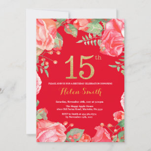 Red Floral 15th Birthday Gold Glitter en Red Kaart