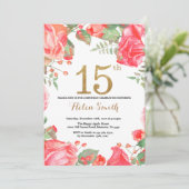 Red Floral 15th Birthday Invitation Gold Glitter Kaart (Staand voorkant)