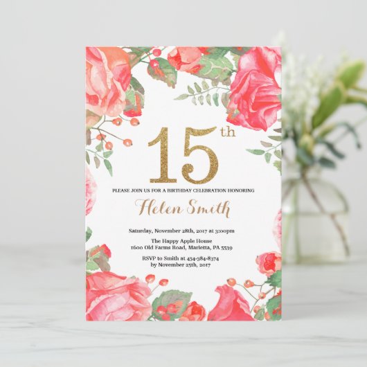 Red Floral 15th Birthday Invitation Gold Glitter Kaart (Staand voorkant)