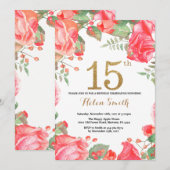 Red Floral 15th Birthday Invitation Gold Glitter Kaart (Voorkant / Achterkant)