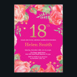 Red Floral 18th Birthday Gold Glitter en Hot Pink Kaart<br><div class="desc">Red Floral 18th Birthday Invitation for Women. Waterverf botanische bloem. Gold Glitter. Hot-roze achtergrond. Roze pinda's Floral Flowers. Volwassen verjaardag. Voor verdere aanpassing,  te klikken gelieve de knoop "van de Aanpassing het"en ons ontwerphulpmiddel te gebruiken om deze sjabloon te wijzigen.</div>