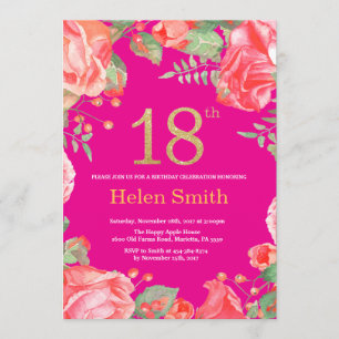 Red Floral 18th Birthday Gold Glitter en Hot Pink Kaart
