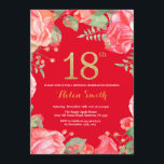 Red Floral 18th Birthday Gold Glitter en Red Kaart<br><div class="desc">Red Floral 18th Birthday Invitation for Women. Waterverf botanische bloem. Gold Glitter. Rode achtergrond. Roze pinda's Floral Flowers. Volwassen verjaardag. Voor verdere aanpassing,  te klikken gelieve de knoop "van de Aanpassing het"en ons ontwerphulpmiddel te gebruiken om deze sjabloon te wijzigen.</div>