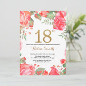 Red Floral 18th Birthday Invitation Gold Glitter Kaart (Staand voorkant)