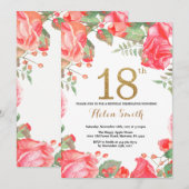 Red Floral 18th Birthday Invitation Gold Glitter Kaart (Voorkant / Achterkant)