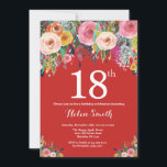 Red Floral 18th Birthday Invitation Kaart<br><div class="desc">Red Floral 18th Birthday Invitation for Women. Waterverf Floral Flower. Rode achtergrond. Roze, geel, Oranje, Paars ventilator. Volwassen verjaardag. 13e 15e 16e 18e 21e 30e 40e 50e 60e 70e 90e 100e, Alle leeftijden. Voor verdere aanpassing, te klikken gelieve de knoop "van de Aanpassing het"en ons ontwerphulpmiddel te gebruiken om deze...</div>
