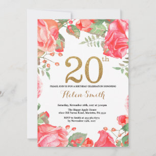 Red Floral 20th Birthday Invitation Gold Glitter Kaart