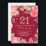 Red Floral 21st Birthday Gold Glitter Burgundy Red Kaart<br><div class="desc">Red Floral 21st Birthday Invitation for Women. Waterverf botanische bloem. Gold Glitter. Burgundy Red Background Roze pinda's bloemen. Volwassen verjaardag. Voor verdere aanpassing,  te klikken gelieve de knoop "van de Aanpassing het"en ons ontwerphulpmiddel te gebruiken om deze sjabloon te wijzigen.</div>