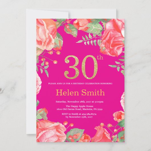 Red Floral 30th Birthday Gold Glitter en Hot Pink Kaart (Voorkant)