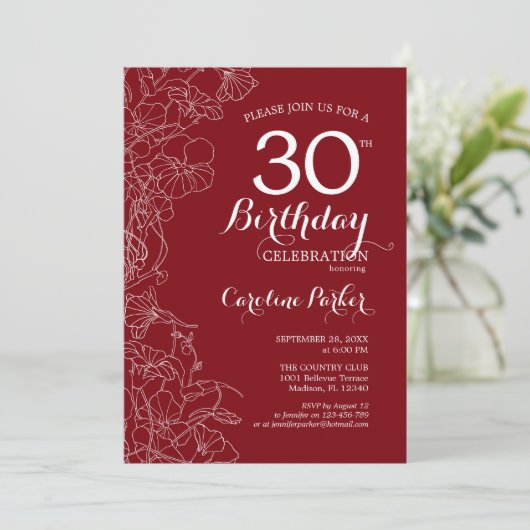 Red Floral 30th Birthday Party Kaart (Staand voorkant)