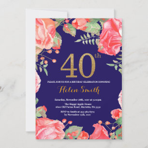 Red Floral 40th Birthday Gold Glitter Navy Blue Kaart