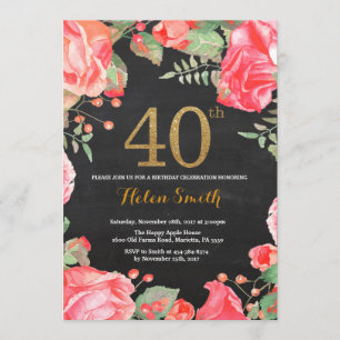 Red Floral 40th Birthday Invitation Gold Glitter Kaart