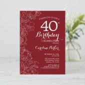 Red Floral 40th Birthday Party Kaart (Staand voorkant)
