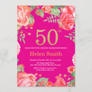 Red Floral 50th Birthday Gold Glitter en Hot Pink Kaart