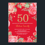 Red Floral 50th Birthday Gold Glitter en Red Kaart<br><div class="desc">Red Floral 50th Birthday Invitation for Women. Waterverf botanische bloem. Gold Glitter. Rode achtergrond. Roze pinda's Floral Flowers. Volwassen verjaardag. Voor verdere aanpassing,  te klikken gelieve de knoop "van de Aanpassing het"en ons ontwerphulpmiddel te gebruiken om deze sjabloon te wijzigen.</div>