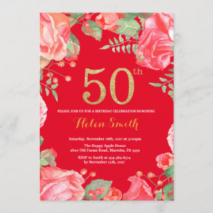 Red Floral 50th Birthday Gold Glitter en Red Kaart