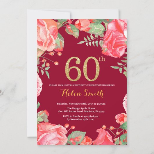 Red Floral 60th Birthday Gold Glitter Burgundy Red Kaart (Voorkant)