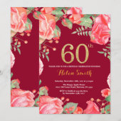 Red Floral 60th Birthday Gold Glitter Burgundy Red Kaart (Voorkant / Achterkant)