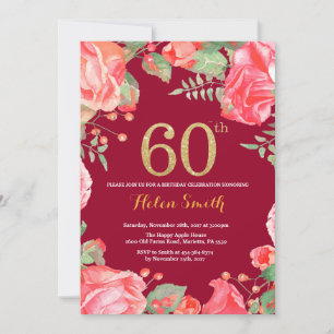 Red Floral 60th Birthday Gold Glitter Burgundy Red Kaart