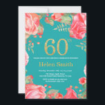 Red Floral 60th Birthday Gold Glitter en Blauwgroe Kaart<br><div class="desc">Red Floral 60th Birthday Invitation for Women. Waterverf botanische bloem. Gold Glitter. Blauwgroen Aqua Turquoise Achtergrond. Roze pinda's Floral Flowers. Volwassen verjaardag. Voor verdere aanpassing,  te klikken gelieve de knoop "van de Aanpassing het"en ons ontwerphulpmiddel te gebruiken om deze sjabloon te wijzigen.</div>