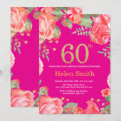 Red Floral 60th Birthday Gold Glitter en Hot Pink Kaart (Voorkant / Achterkant)