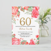 Red Floral 60th Birthday Invitation Gold Glitter Kaart (Staand voorkant)