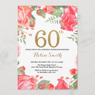 Red Floral 60th Birthday Invitation Gold Glitter Kaart
