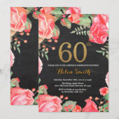 Red Floral 60th Birthday Invitation Gold Glitter Kaart (Voorkant / Achterkant)