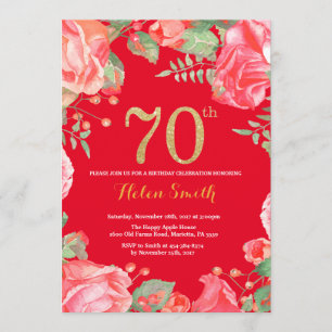 Red Floral 70th Birthday Gold Glitter en Red Kaart