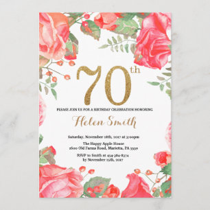 Red Floral 70th Birthday Invitation Gold Glitter Kaart