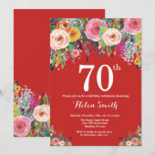 Red Floral 70th Birthday Invitation Kaart (Voorkant / Achterkant)