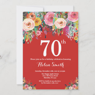 Red Floral 70th Birthday Invitation Kaart