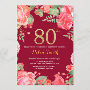 Red Floral 80th Birthday Gold Glitter Burgundy Red Kaart