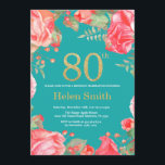 Red Floral 80th Birthday Gold Glitter en Blauwgroe Kaart<br><div class="desc">Red Floral 80th Birthday Invitation for Women. Waterverf botanische bloem. Gold Glitter. Blauwgroen Aqua Turquoise Achtergrond. Roze pinda's Floral Flowers. Volwassen verjaardag. Voor verdere aanpassing,  te klikken gelieve de knoop "van de Aanpassing het"en ons ontwerphulpmiddel te gebruiken om deze sjabloon te wijzigen.</div>