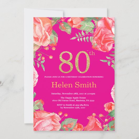 Red Floral 80th Birthday Gold Glitter en Hot Pink Kaart (Voorkant)