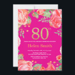 Red Floral 80th Birthday Gold Glitter en Hot Pink Kaart<br><div class="desc">Red Floral 80th Birthday Invitation for Women. Waterverf botanische bloem. Gold Glitter. Hot-roze achtergrond. Roze pinda's Floral Flowers. Volwassen verjaardag. Voor verdere aanpassing,  te klikken gelieve de knoop "van de Aanpassing het"en ons ontwerphulpmiddel te gebruiken om deze sjabloon te wijzigen.</div>
