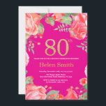 Red Floral 80th Birthday Gold Glitter en Hot Pink Kaart<br><div class="desc">Red Floral 80th Birthday Invitation for Women. Waterverf botanische bloem. Gold Glitter. Hot-roze achtergrond. Roze pinda's Floral Flowers. Volwassen verjaardag. Voor verdere aanpassing,  te klikken gelieve de knoop "van de Aanpassing het"en ons ontwerphulpmiddel te gebruiken om deze sjabloon te wijzigen.</div>